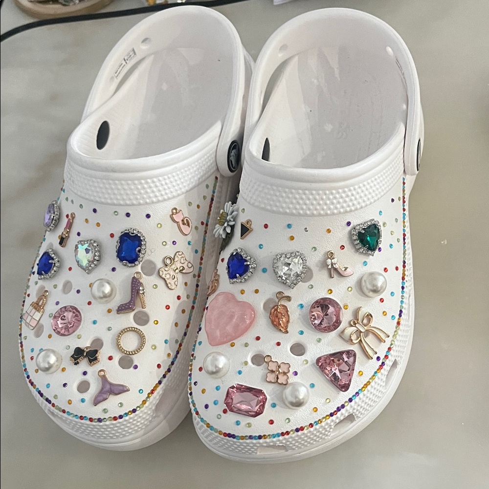 CROCS White Embellished Clogs